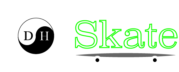 DH Skate logo with grey longboard and green lettering